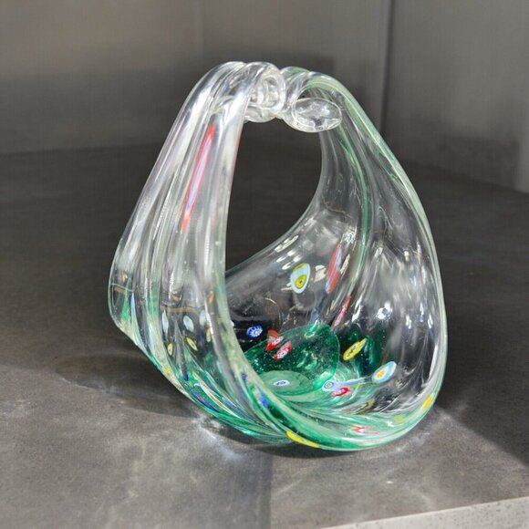 Large Art Glass Basket Bowl Centerpiece With Large Multicolor Millefiori Spots - Picture 4 of 16